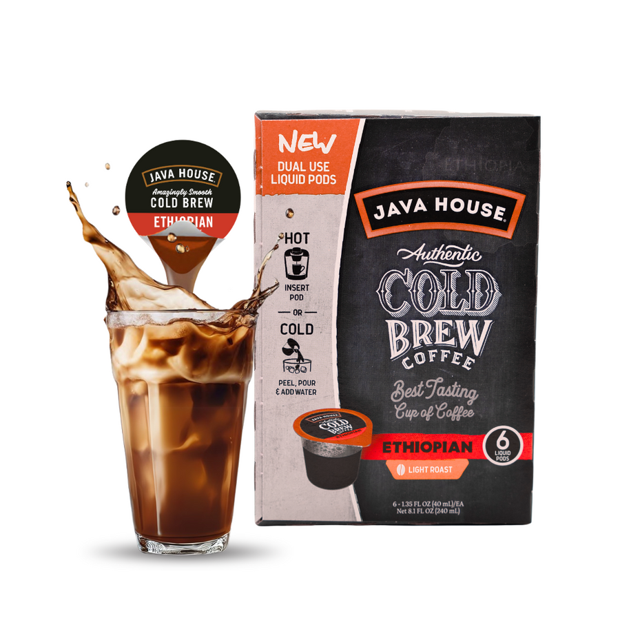 Ethiopian coffee carton and pod beside iced coffee