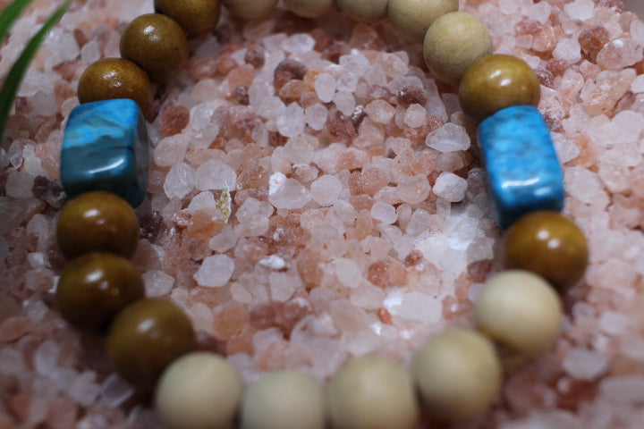 2 Turquoise Rectangle Bead w/ Tan Wood Bead Bracelet by Theiss