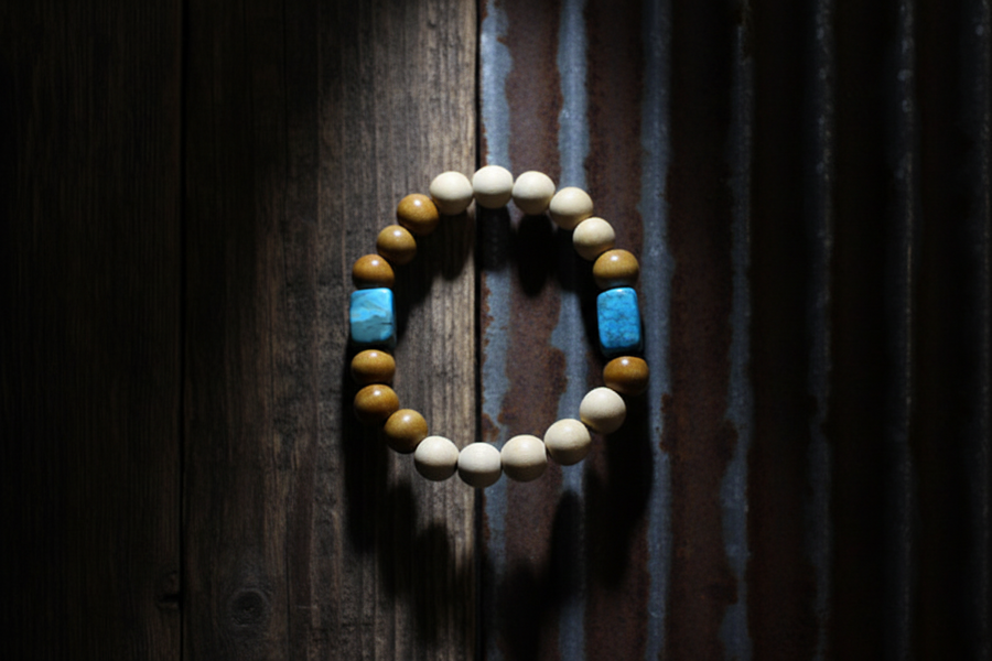 2 Turquoise Rectangle Bead w/ Tan Wood Bead Bracelet by Theiss