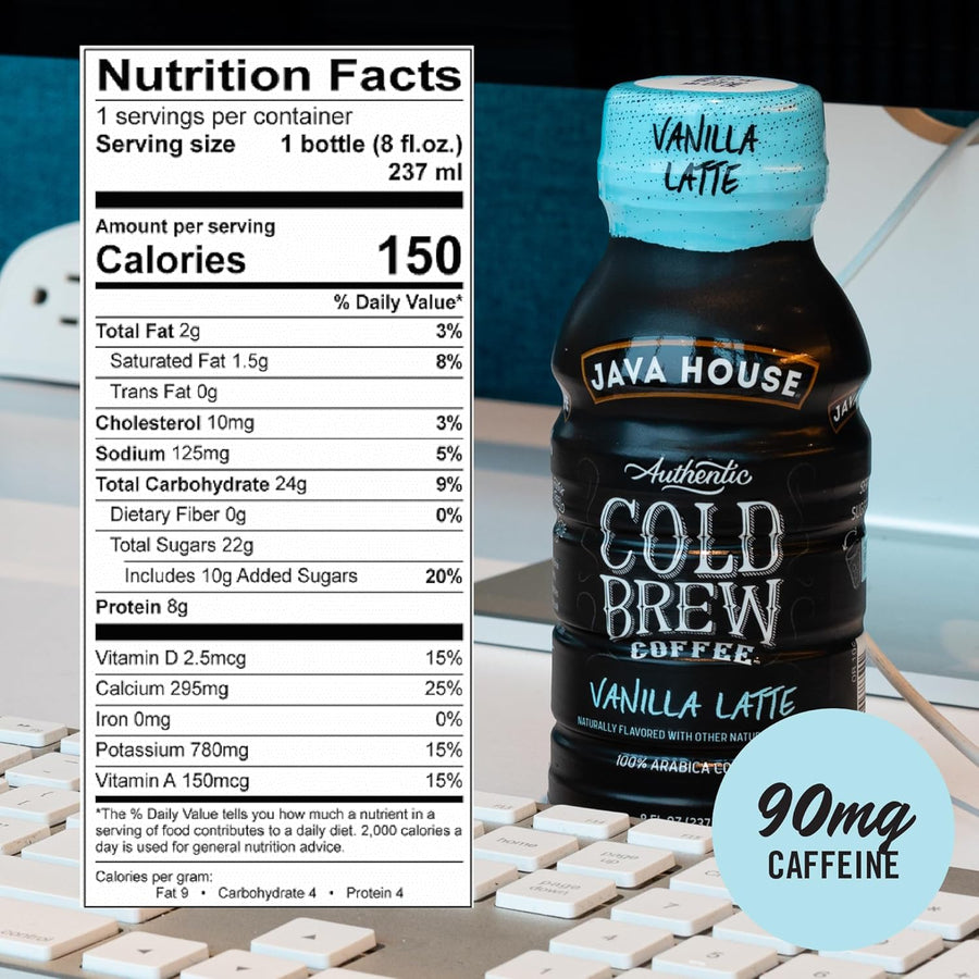 Vanilla latte bottle with nutrition panel and caffeine statement