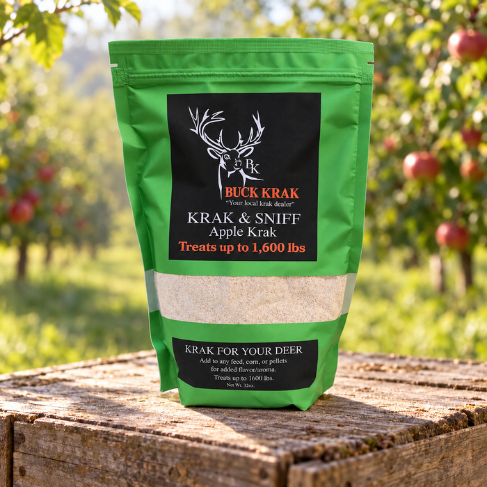 Apple Krak & Sniff 32 oz wildlife feed enhancer in a green pouch