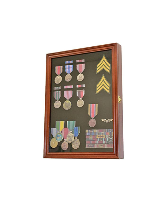 Walnut Finish Display Case Wall Frame Cabinet for Military Medals, Pins, Patches, Insignia, Ribbons, Brooches.