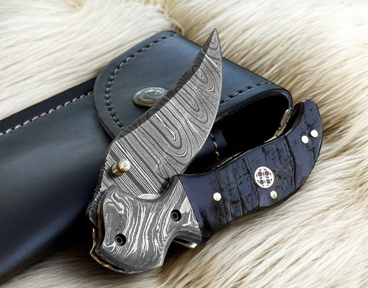 Custom Handmade Damascus Pocket Knife – Blue Pakka Wood