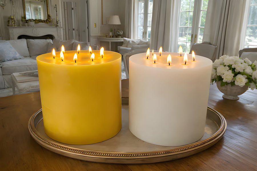 Bonfire White Beeswax Candle Eight-Wick Luxury Statement Pillar 9″ Tall 8″ Wide