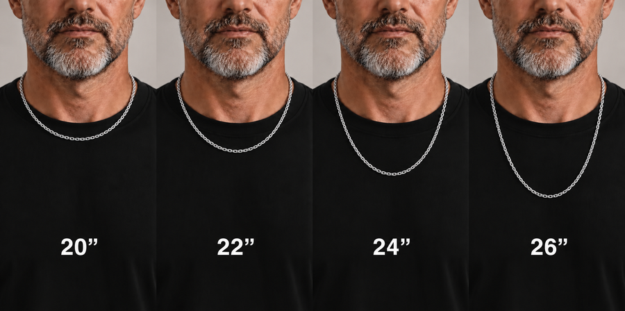 Male model comparing 20, 22, 24 and 26 inch necklace lengths