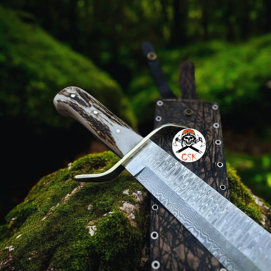SS Damascus Stag Hunting Knife with Custom Leather Sheath by cskforged