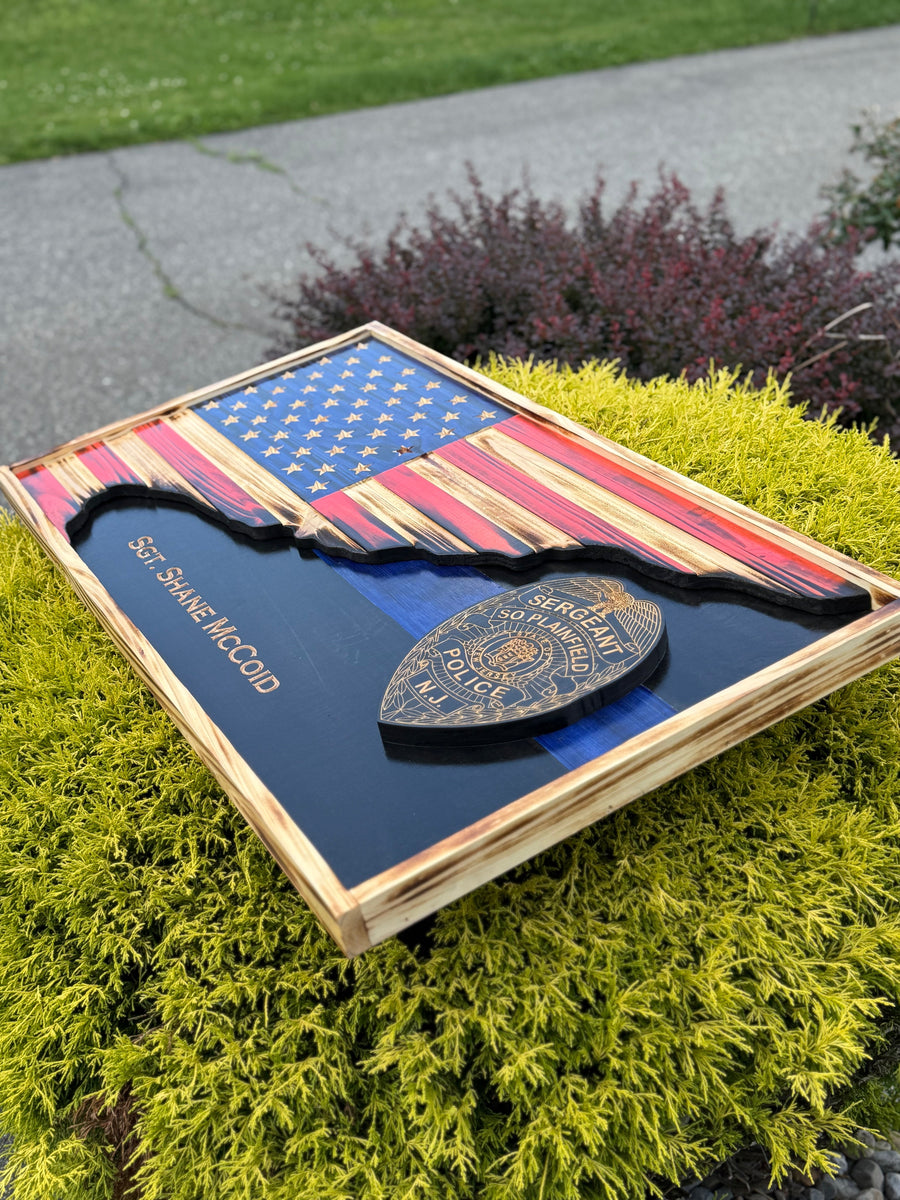 Custom 3D Thin Line American Flag with Engraved Badge