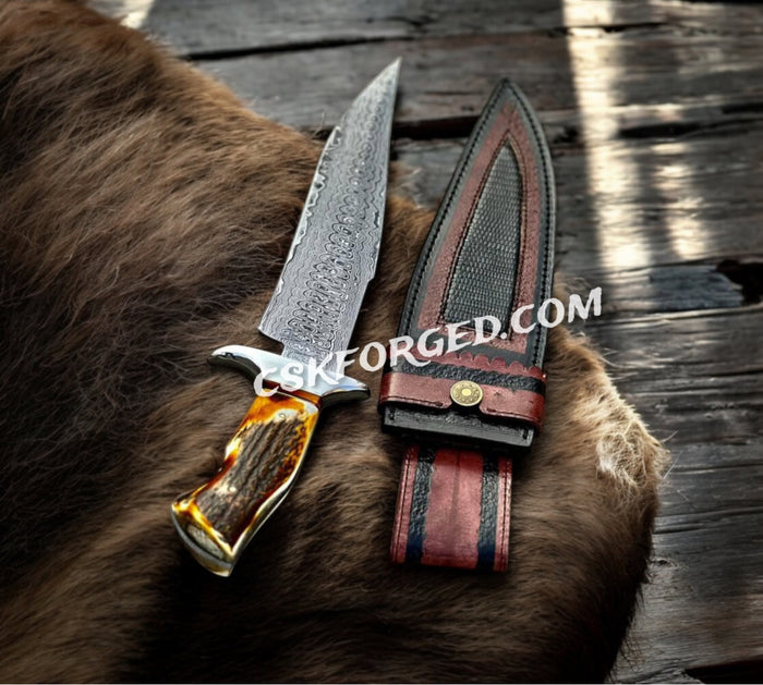Handforged Damascus Steel 'Dragon Slayer' Knife – Stag Handle,Collector’s Edition