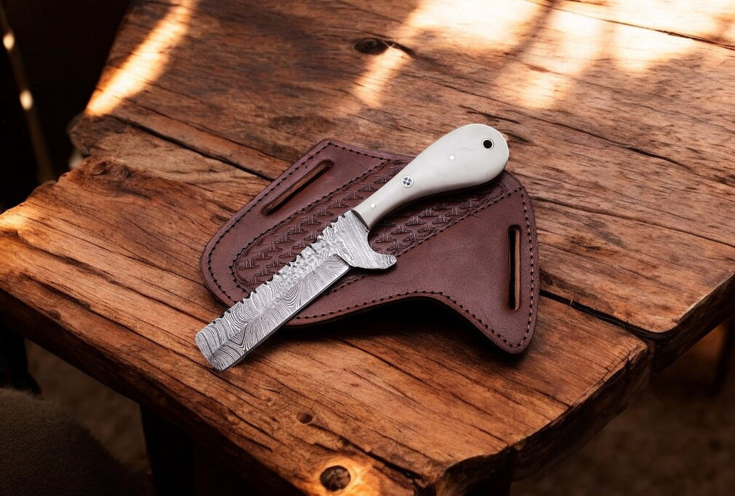 Handmade Bull Cutter Knife | Damascus Steel Bone Handle