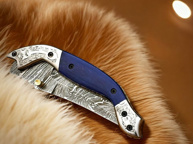 Handmade Damascus Pocket Knife – Blue Wood Handle