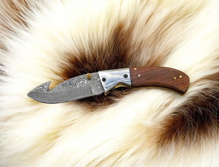 Handmade Damascus Steel Folding Knife with Rosewood Handle