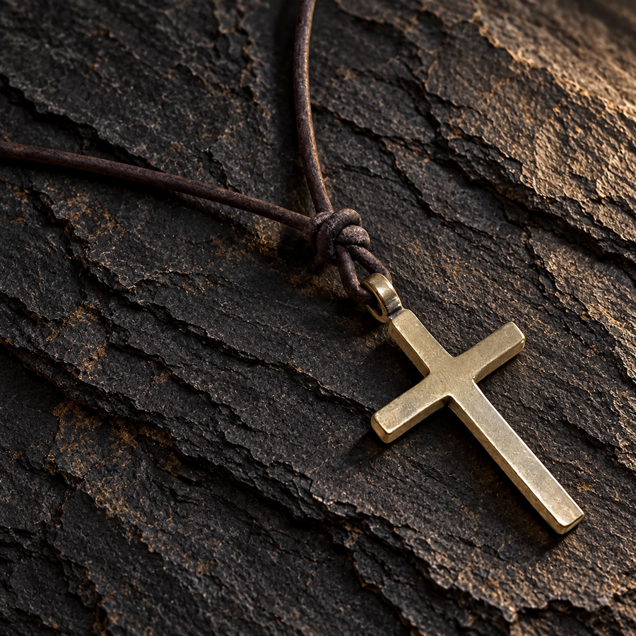 Classic Cross pendant on dark cord against bark