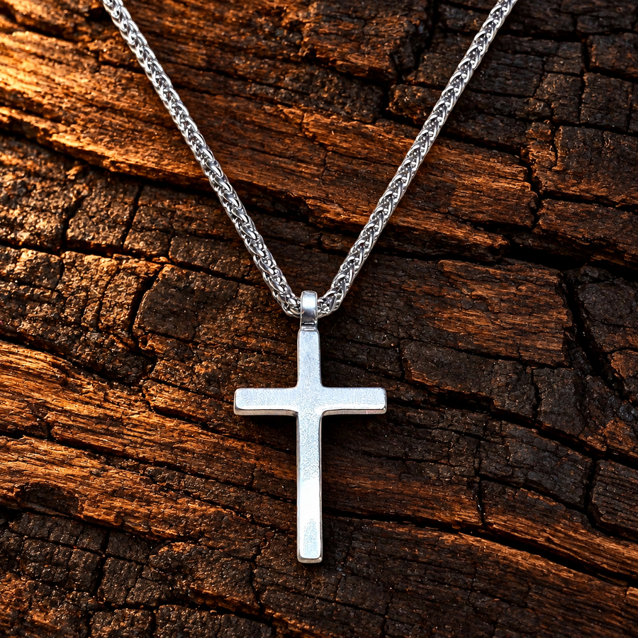 Classic Cross necklace resting on textured bark