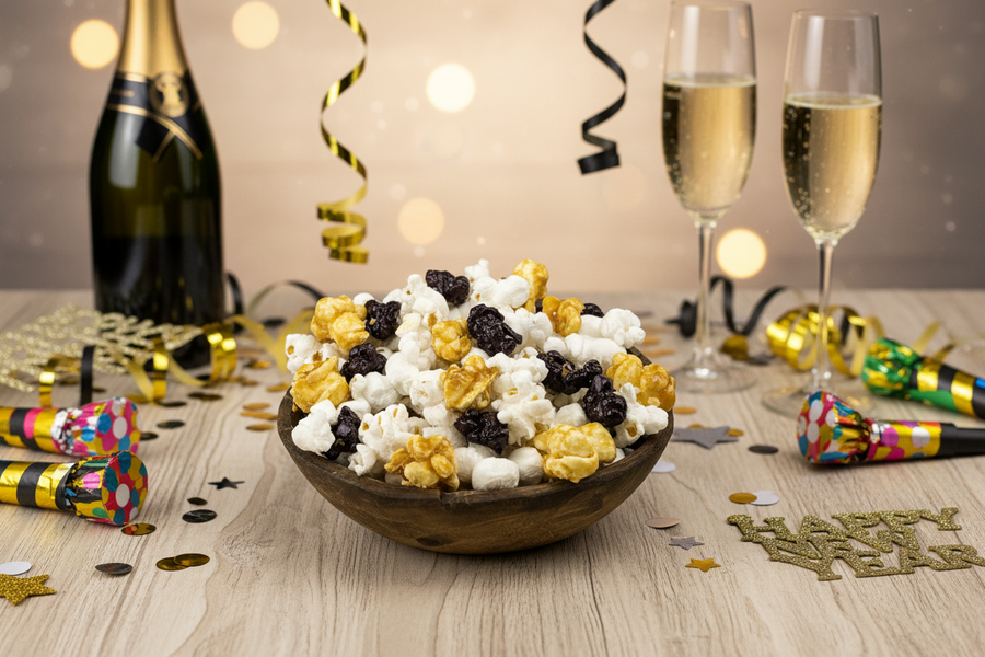 Black and gold popcorn on a celebration table