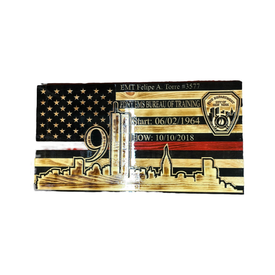 Custom September 11 memorial wooden American flag with engraving