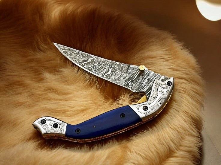 Handmade Damascus Pocket Knife – Blue Wood Handle