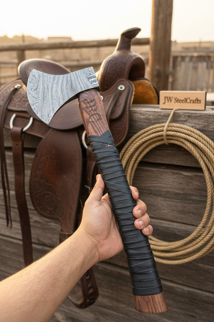 Heavy Duty Damascus Camp Axe with Leather Wrap Handle and Sheath, Hand-Forged Bushcraft Axe | JW SteelCrafts