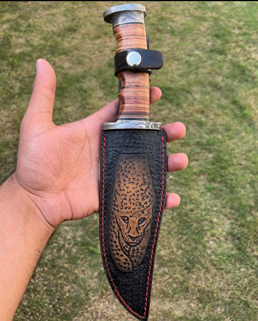 Exquisite Damascus Hunting Knife with Stacked Leather Handle | Limited Edition | cskforged store"