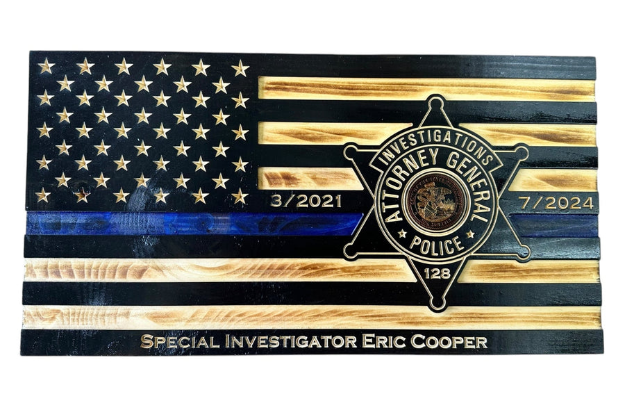 Custom Thin Blue Line Wooden Flag with Engraved Police Badge