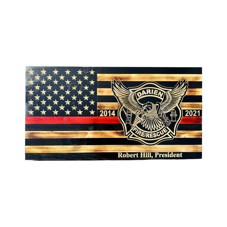 Custom Thin Red Line Wooden Flag with Firefighter Logo