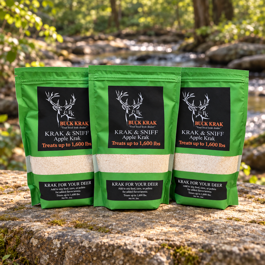 Three Apple Krak & Sniff green pouches on a tree stump