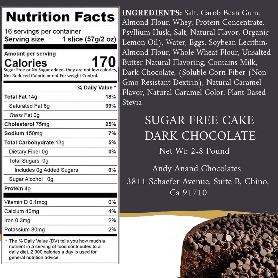 Andy Anand Sugar-Free Gluten-Free Chocolate Chip Cake, 2.8 lb – Dark Chocolate Chips, Keto & Diabetic-Friendly, No Preservatives Gift Box