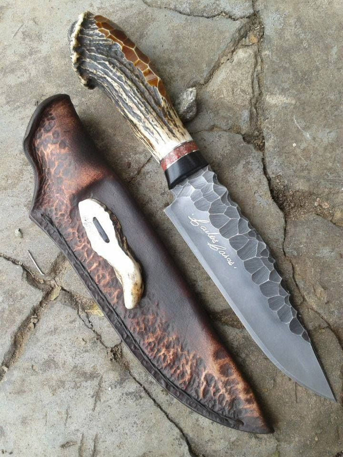 Western Bowie Knife – 15" Hand-Forged J2 Steel Blade with Antler Horn or Resin Handle & Leather Sheath