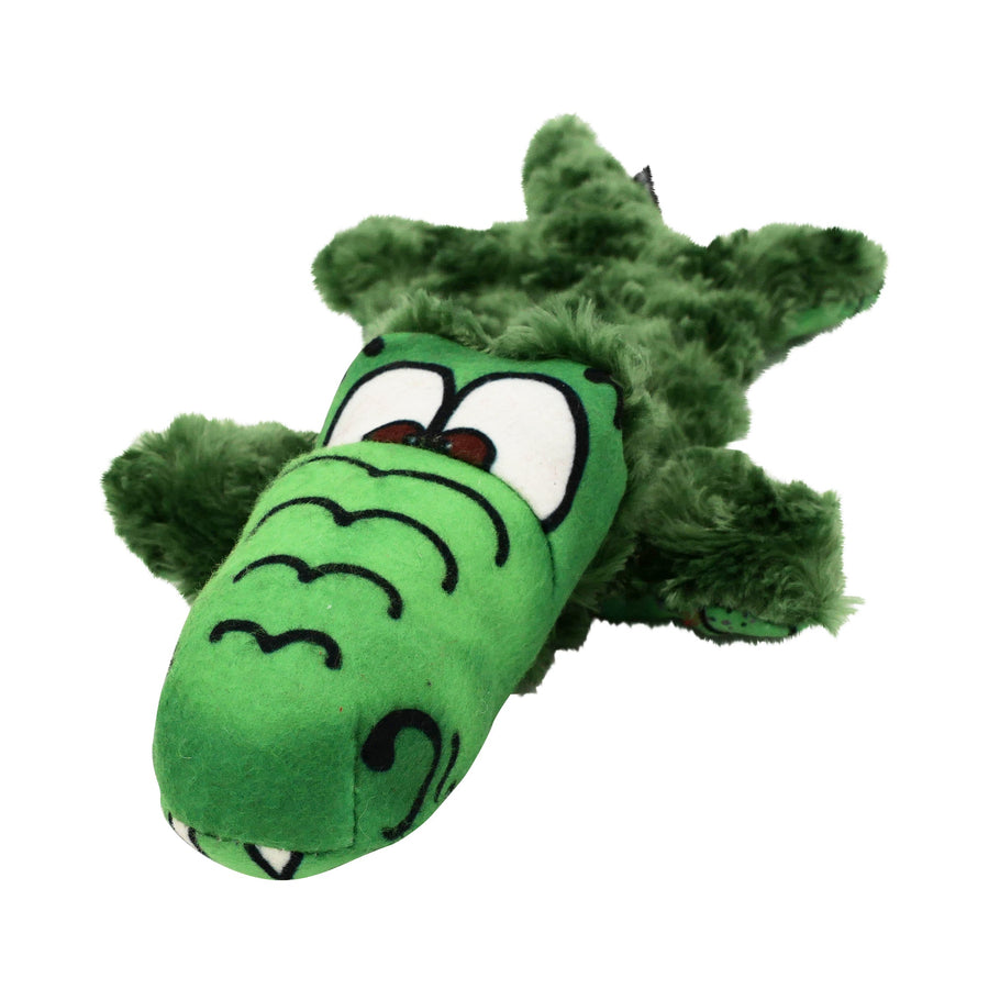 Allie Gator plush dog toy with green face and soft textured body