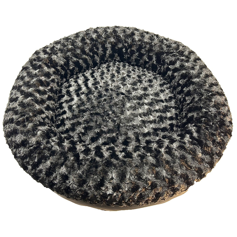 Black Furvana round bolster dog bed viewed from above