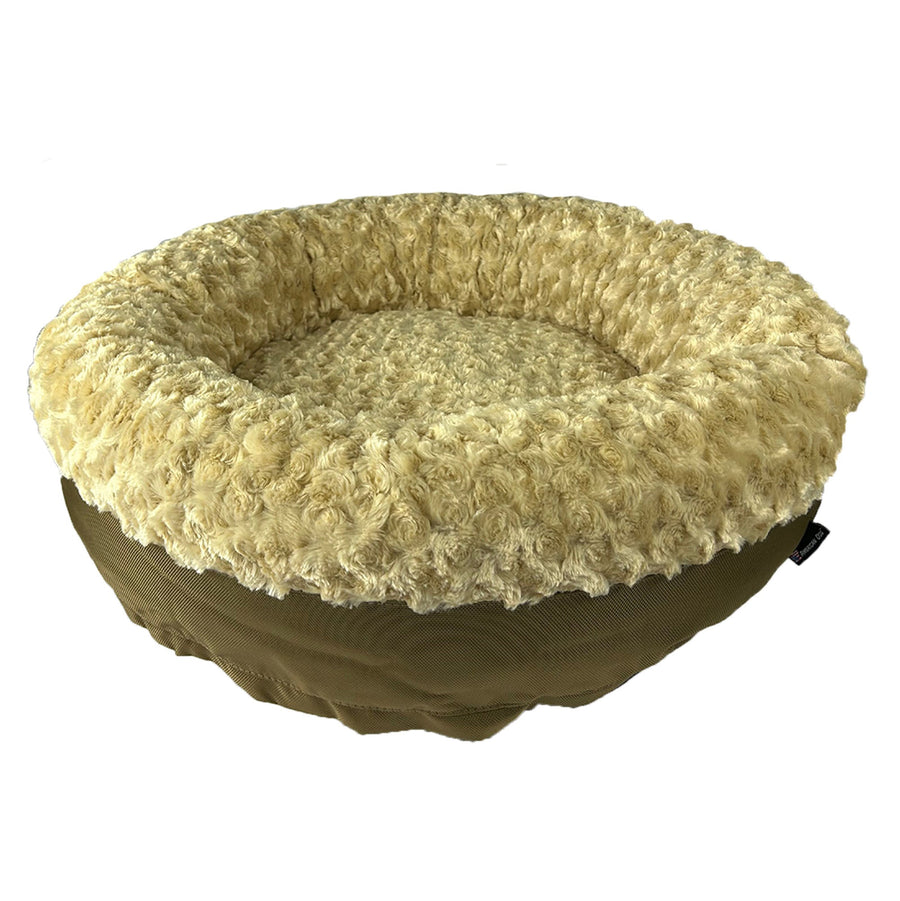 Camel Furvana round bolster dog bed, angled view