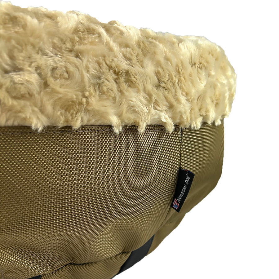 Close-up of camel fleece and side panel on a Furvana round dog bed