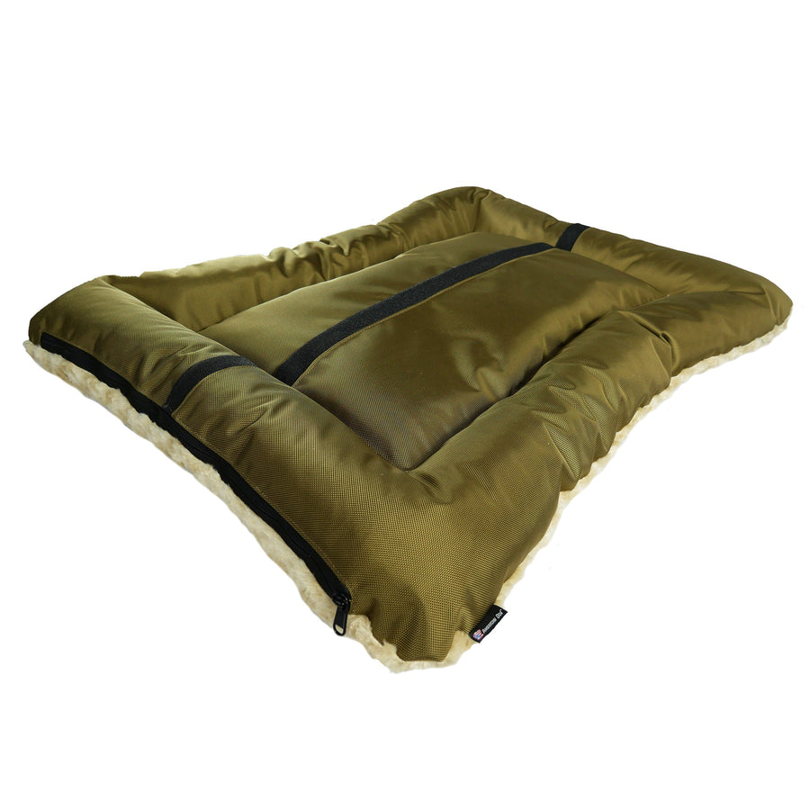 Bottom of camel Cloud Furvana rectangle dog bed showing non-skid strip