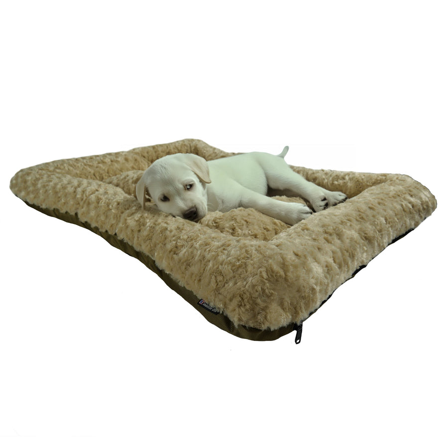 Light-colored puppy resting on a camel Cloud Furvana rectangle dog bed