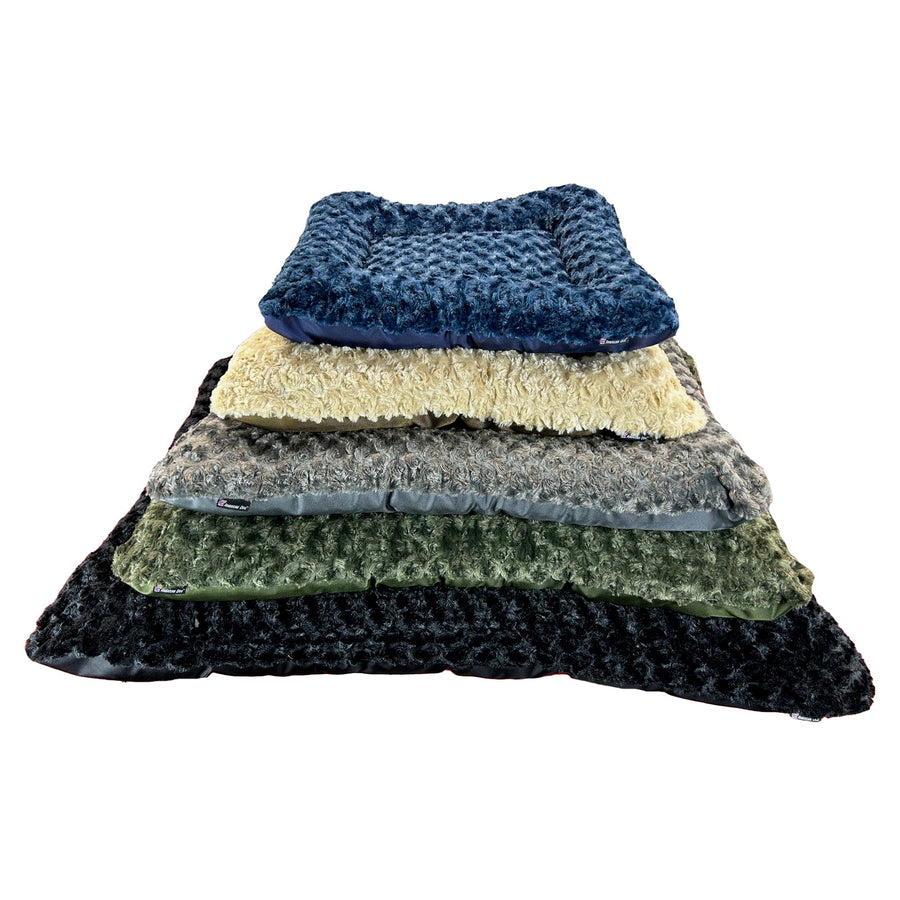 Stack of Cloud Furvana rectangle dog beds in midnight, camel, charcoal, olive and black