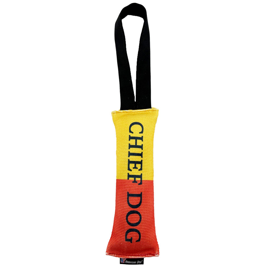 Chief Dog red and yellow fire hose tug with dark handle