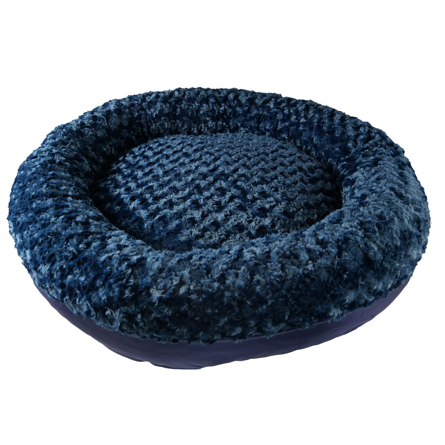 Midnight blue Furvana round bolster dog bed, angled view