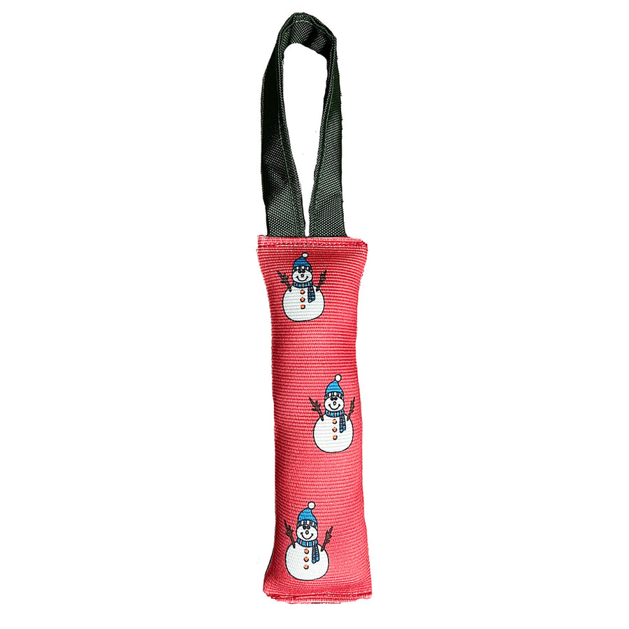 Red Snowmen fire hose dog tug with green handle