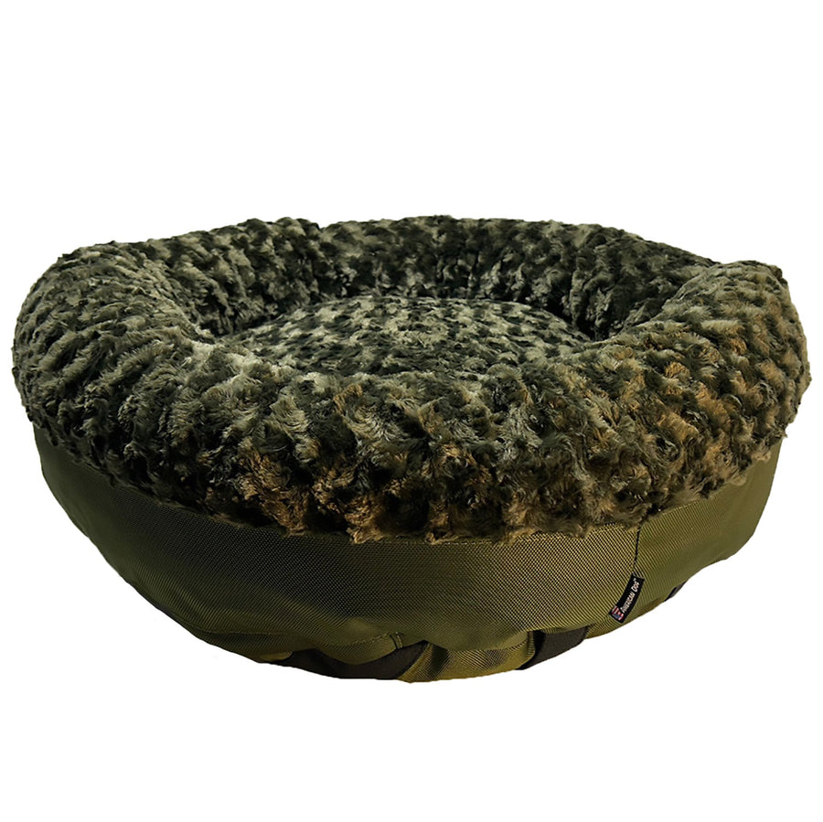 Olive Furvana round bolster dog bed, angled view
