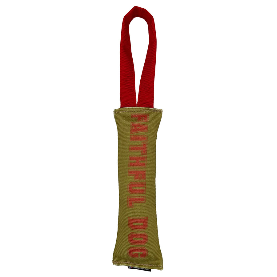 Faithful Dog gold fire hose tug with red handle