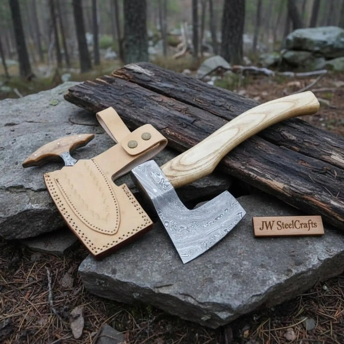 Handmade Damascus Steel Viking Axe and Matching Knife Set with Ash Wood Handle and Leather Sheath