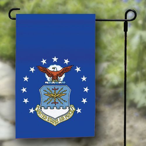 U.S. Air Force garden flag displayed on black metal garden stand