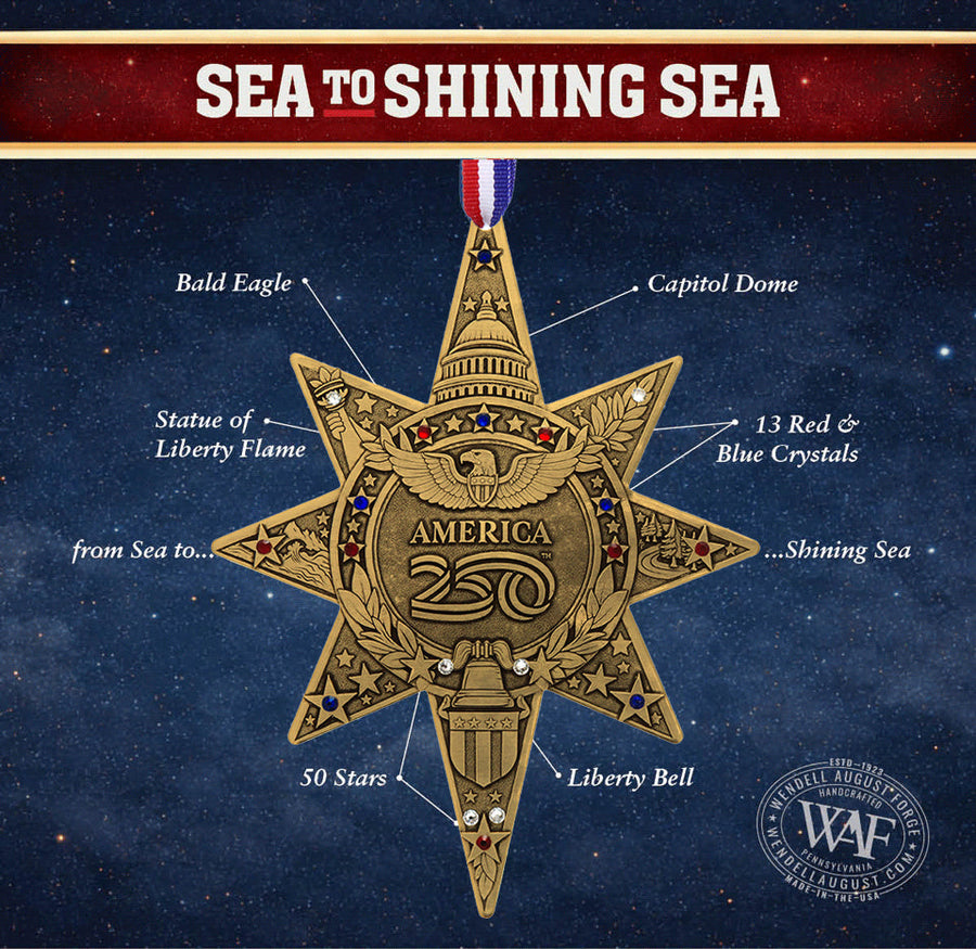 Product information card for America250 Sea to Shining Sea Ornament (Bronze and Crystals)