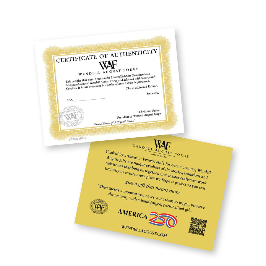 Product information card for America250 Sea to Shining Sea Ornament (Bronze and Crystals)