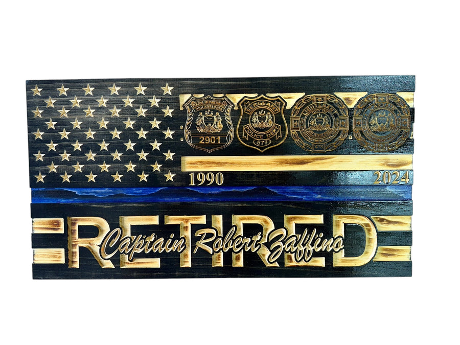Custom engraved retirement flag with department badge and service details