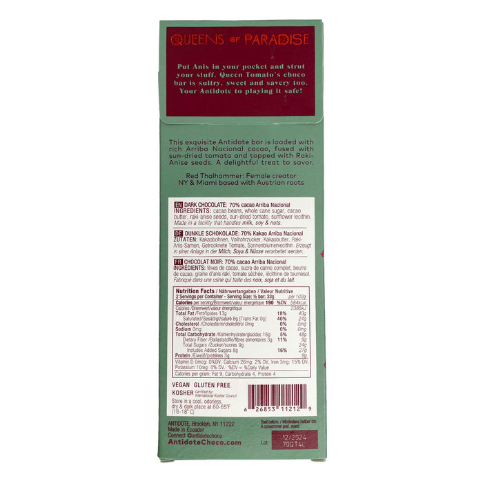 ANTIDOTE CHOCOLATE QUEEN T: ANIS + TOMATO 70% - 12 Bars by Farm2Me