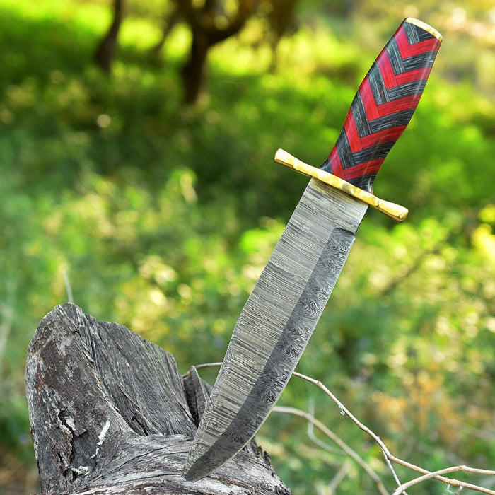 Antique Damascus Steel Bowie Knife – 11" with Brass Guard and Pakka Wood Handle