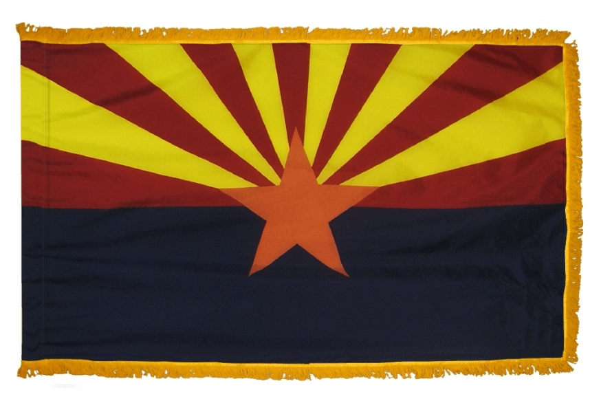 Arizona state flag with gold fringe and pole hem for ceremonial display