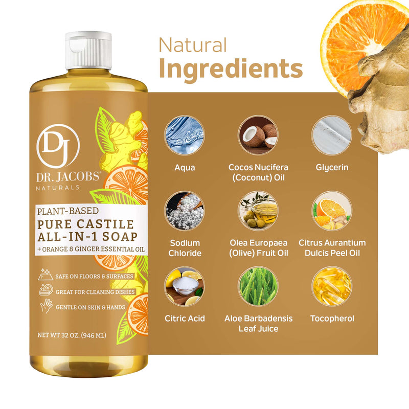Orange & Ginger All in 1 Castile Soap - Thin Formula by Dr. Jacobs Naturals