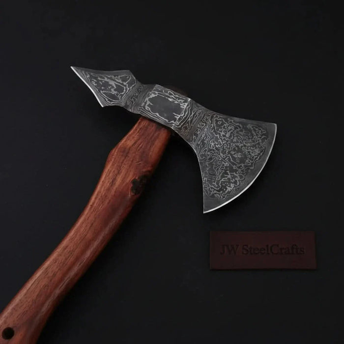 Double-Bit Damascus Axe Head with Rear Spike Variant