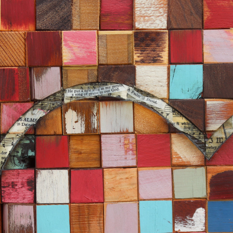 New Song in My Heart art print showing a heart outline over a colorful wood mosaic.